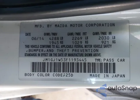 2015 Mazda Mazda6 I Grand Touring z USA, uszkodzony, nr VIN JM1GJ1W53F1193445